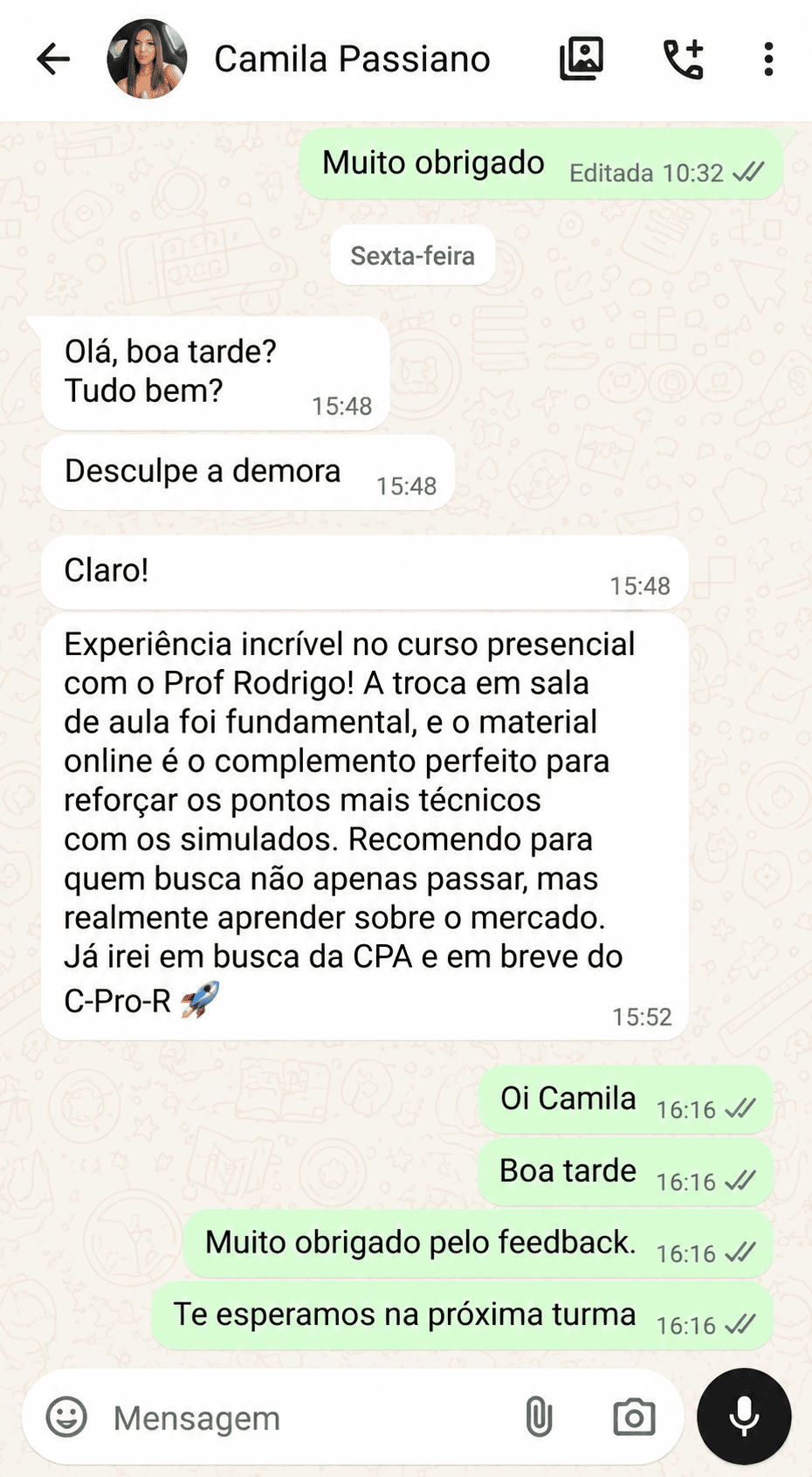 Depoimento de Camila Passiano via WhatsApp