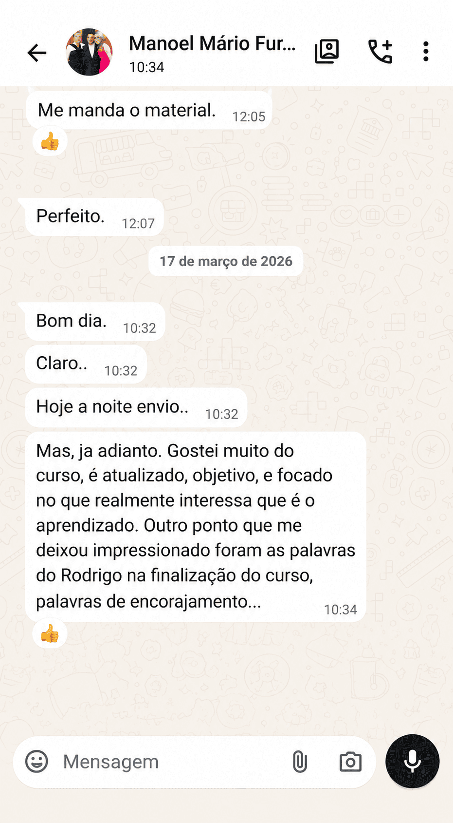 Depoimento de Manoel Mário via WhatsApp